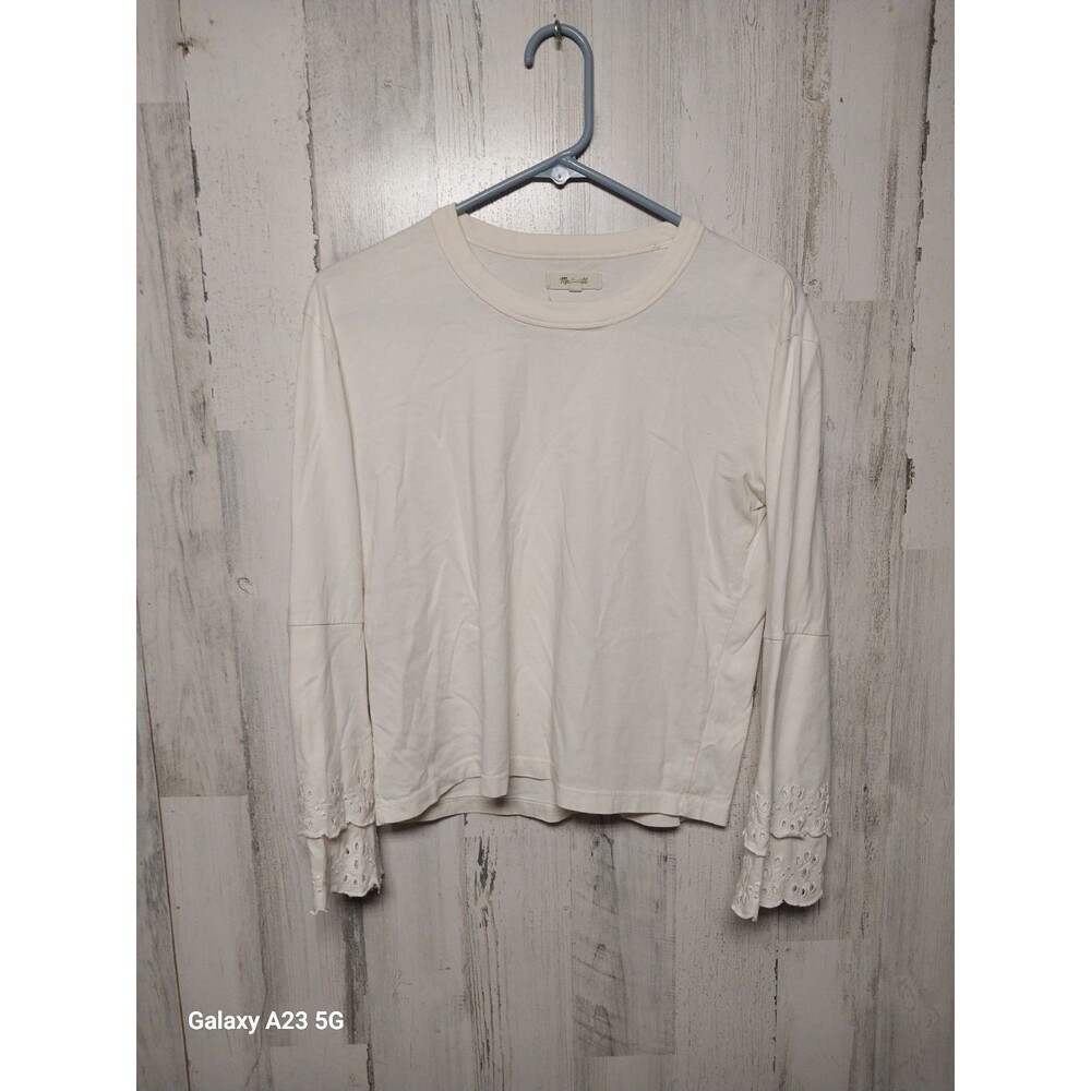 Madewell XS Beige Tiered Eyelet Statement Cuffs Long Sleeves Soft Cotton T-Shirt